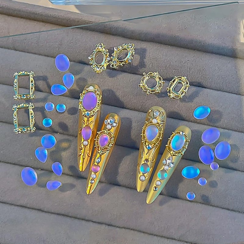 Dornail 50Pcs Mix Shape Size Translucent Blue Tears Nail Rhinestones for Crafting Nail Charms and Gems 50Pcs Gold Frame Charms for Nails Design Circular Droplet Nail Crystals Nail Diamonds Nail Accessories - Image 3